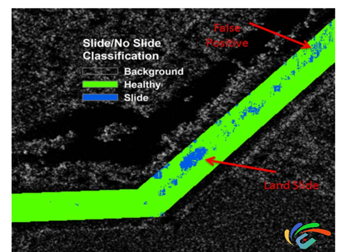 Figure 3 — UAVSAR prediction results highlighting potential levee failure regions.