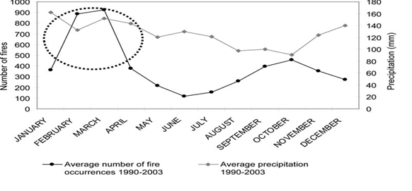 Figure 2 — Annual trends: monthly precipitation vs. wildfire frequency (1990–2003)